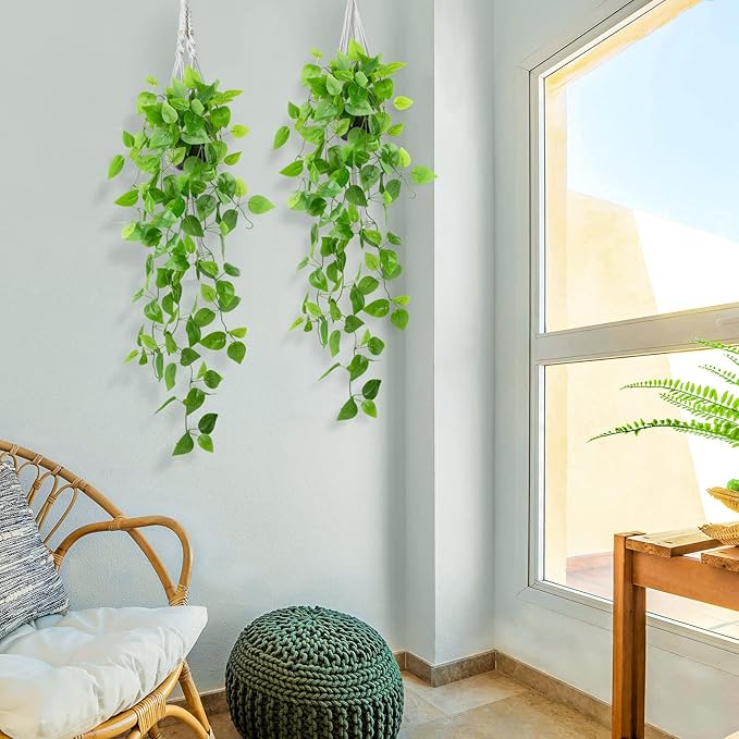 LOYWREE 2 Pack Small Artificial Hanging Plants with Faux Ivy Vine and Hanging Pothos 39Inch Fake Plant Realistic Greenery for Shelf Decor in Home, Office, Indoor & Outdoor Gardens
