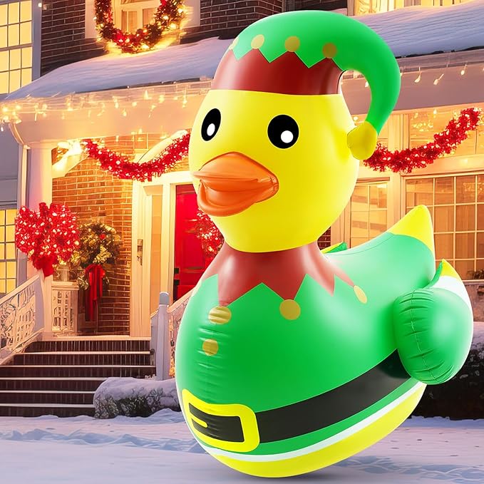 Hungdao 1 Pcs 4 Feet PVC Christmas Giant Inflatable Elf Duck Huge Rubber Large Blow up Duck Christmas Pool Floats for Xmas Holiday Indoor Outdoor Pool Decorations