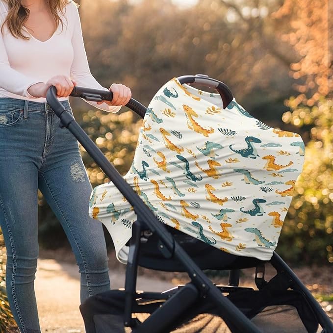 Biyejit Cute Cartoon Dinosaur Stretchy Baby Car Seat Cover Baby Car Seat Canopy Nursing Cover Carseat Canopy for Babies Breastfeeding and Car Seat Multi Use Shopping Cart High Chair Cove