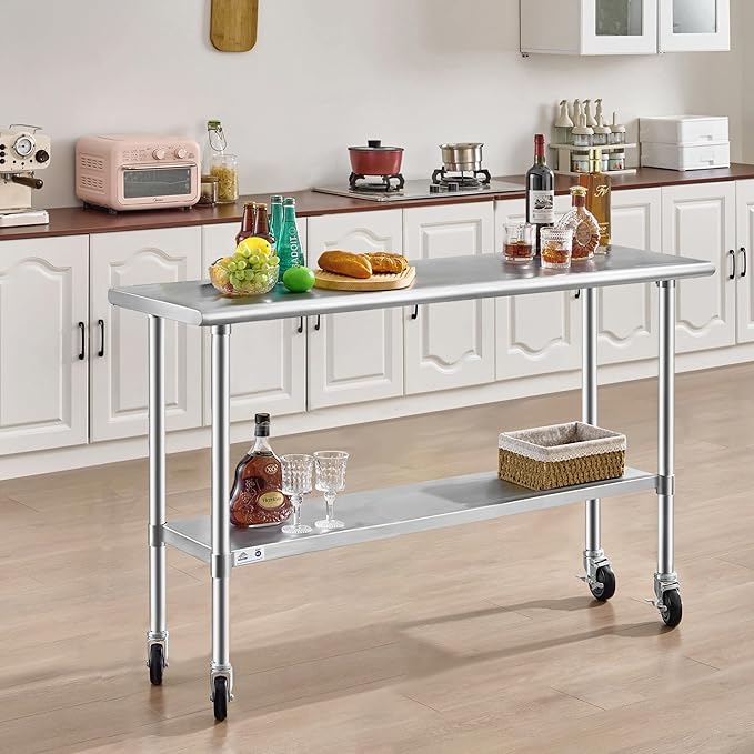 ROCKPOINT Stainless Steel Table for Prep & Work with Caster Wheels 14x72 Inches, NSF Metal Commercial Kitchen Heavy Duty Table with Adjustable Under Shelf and Table Foot for Restaurant, Home and Hotel