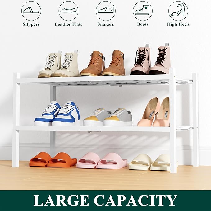 Smiry Shoe Rack, 2 Tier Thick Bamboo Shoe Organizer, Stackable Free Standing Wooden Shoe Storage Shelf for Closet, Entryway, Front Door Entrance, White