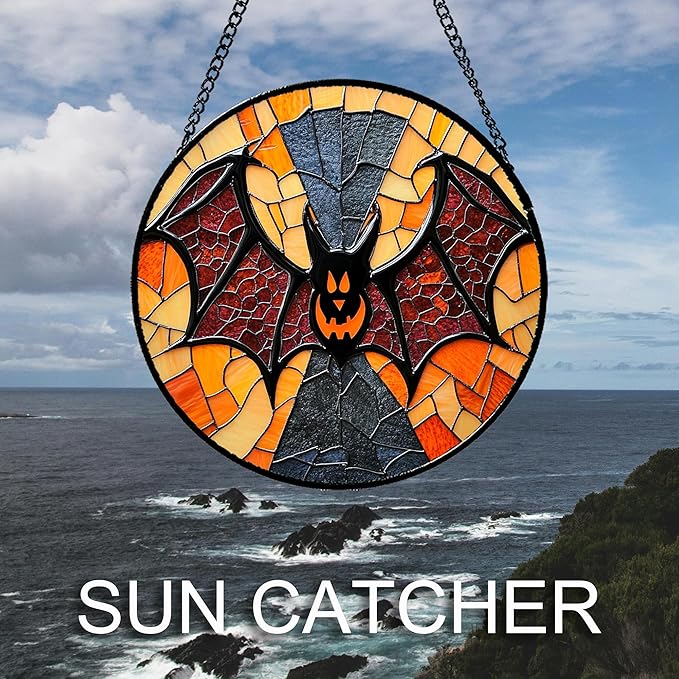 Stained Glass Window Hanging Halloween Horror Bat Monster Large 15" - Suncatcher Door Garden Kitchen Sun Catcher Home Gothic Decor Birthday for Mom Men Woman Friend Grandma