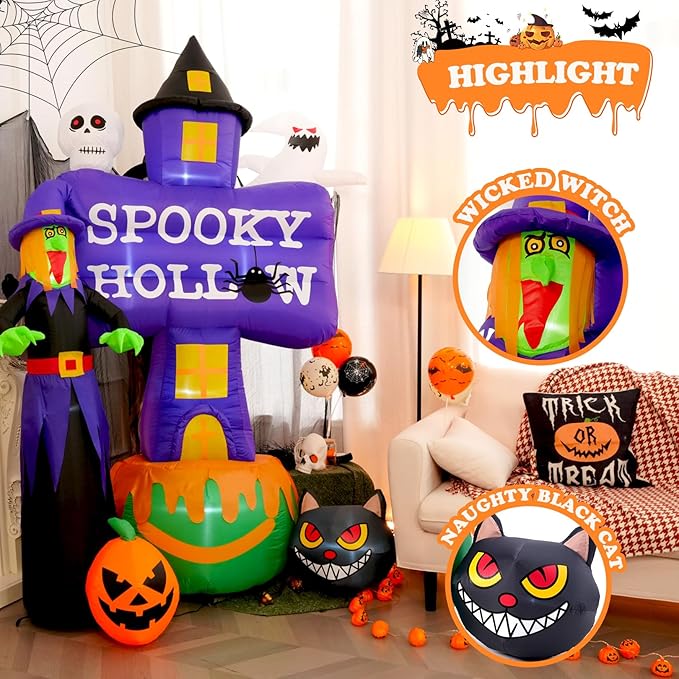 8F Halloween Inflatable Witch with Ghost Tombstones Black Cat Pumpkin Skeletons Scary Halloween Decorations, Indoor Outdoor Spooky Blow Up Yard Decorations for Garden Party Holiday Lawn Office Decor