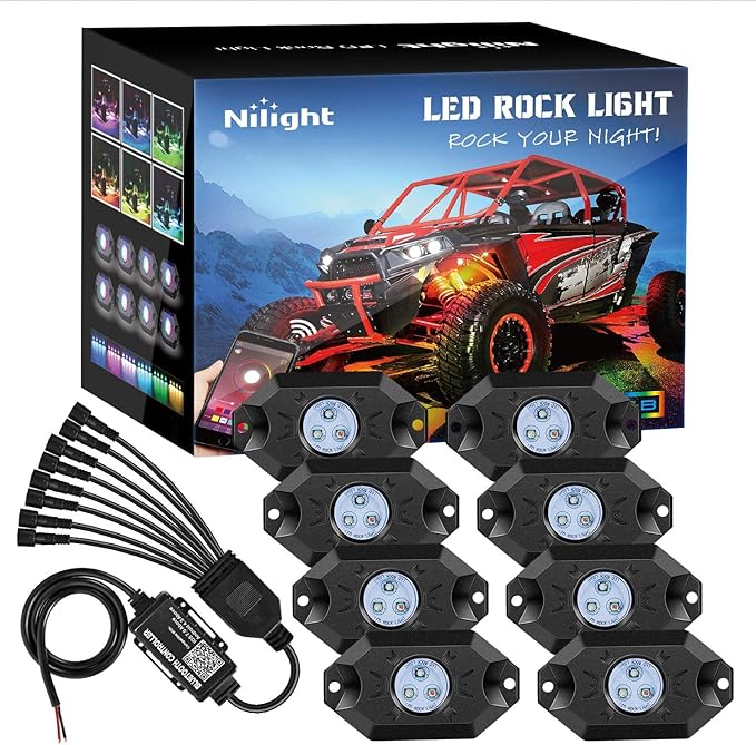 Nilight RGB LED Rock Lights Kit 8 pods Underglow Neon Multicolor with Bluetooth App Control Music Mode IP68 Exterior Wheel Well Party Lamp for ATV UTV Golf Cart Truck Boat RV