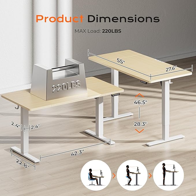 Huuger 55 x 28 Large Electric Standing Desk, Height Adjustable Desk, 27.6" Deep Desktop, Stand up Gaming Computer Office Desk with 2 Hooks, 3 Preset Heights, for Home Office, Natural