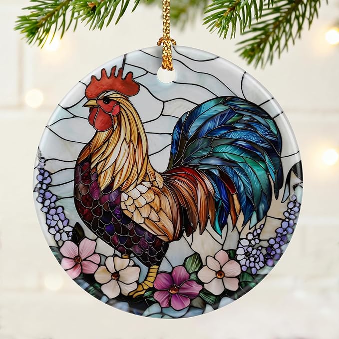 Colorful Rooster Ornament | Farmhouse Christmas Ornaments, Hanging Ornaments for Tree, Christmas Decorations, Holiday Decor Gift | Gifts for Chicken Lover, Farmer | Chicken Themed Gifts, Gift Exchange