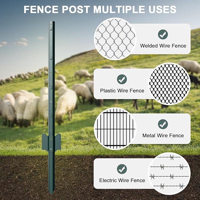 10 Pack Metal Fence Post, 6 Feet Heavy Duty Garden with U-Post, No Dig Garden Fence Stakes for Temporary Fencing, Corner Anchor