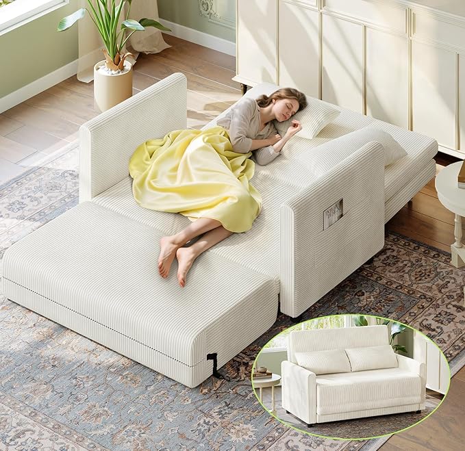 53” Convertible Sofa Bed Couch, Corduroy Couch Bed, 6-Position Loveseat Sleeper Sofa, Love Seat Sleeper Bed 23.6" Extra Deep Seat, Modern Couches for Living Room/Apartment/Home/Office, Beige