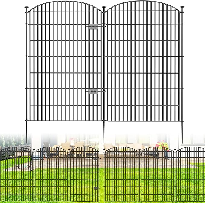 No Dig Decorative Garden Fence 4 Panels with Gate, 48 in (H) x 10.4 ft (L), Dog Fence Outdoor for Yard，Rustproof Metal Animal Barrier Ground Stakes Fencing for Garden, Patio, Flower Bed