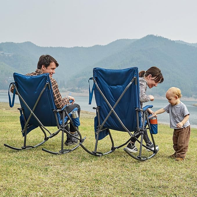 EVER ADVANCED Oversized Folding Rocking Camping Chair, Padded Portable Rocker Chair for Patio, Lawn and Outdoors, Heavy Duty Hard Armchair for Adults Supports 400lbs, Blue