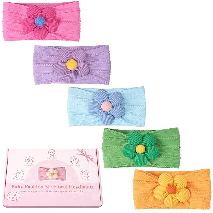 CÉLLOT 5 Pcs Baby Flower Headbands Baby Girls Nylon Headbands Soft Hairbands Hair Accessories for Newborn Infant Toddler Kids(Spring Summer Vibe)