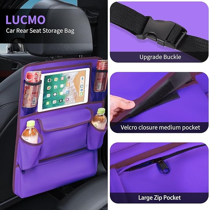 LUCMO Car Backseat Organizer with Touch Screen Tablet Holder,9 Storage Pockets Car Storage Organizer,Protectors Kick Mats Travel Accessories for Kids-Dark Purple