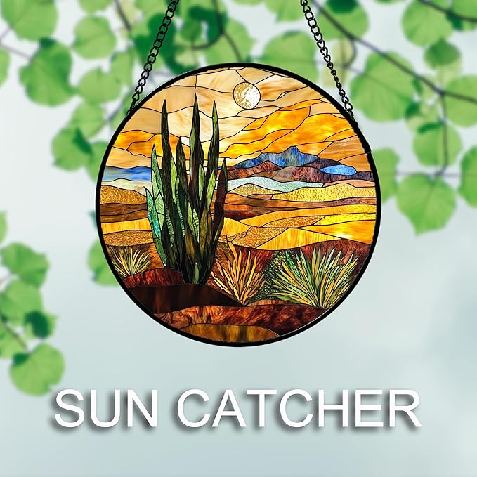 Stained Glass Window Hanging 4 Pcs Set Desert Sunset Theme Landscape 7.8" - Suncatcher Door Garden Sun Catcher Decor Birthday Christmas for Mom Woman Nana Men