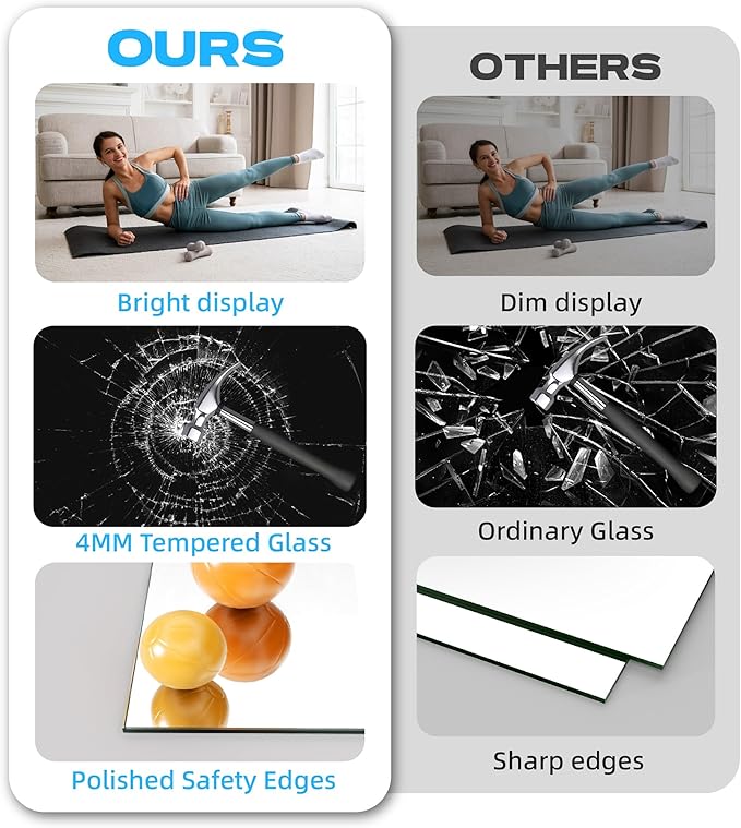 Hasipu 3Pcs 48''x24'' Home Gym Mirror Large Full Length Wall Mounted Full Body Mirror for Yoga Dance Fitness Exercise Studio Bedroom Garage, Frameless Tempered Glass Workout Mirrors Walnut Rectangular