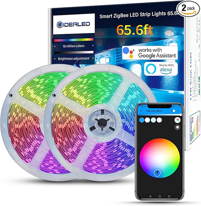 GIDEALED 65.6ft Smart Zigbee LED Strip Lights Kit with Zigbee 3.0 Controller, HUB Bridge Required, Work with Echo Plus Echo Studio Alexa Voice & APP Control RGB LED Lights for Bedroom Decoration