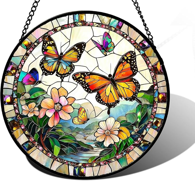 Stained Glass Window Hanging, Butterflies Flying in The Sky Suncatcher for Doors Home Sun Catchers Decoration and Christmas, Mother's Day Birthday Gifts for Women, Men, and Mom 14.9x14.9 in