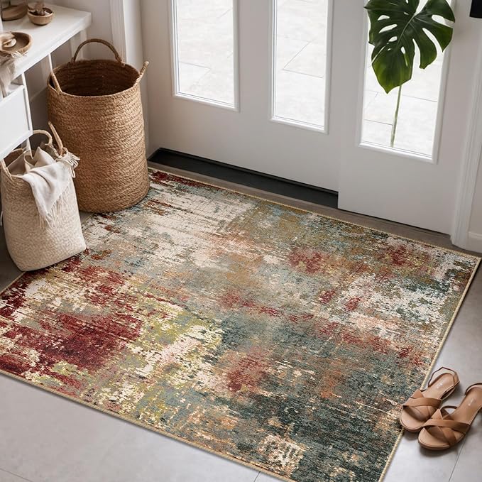 Washable Area Rugs 2'x3' Non-Slip Modern Abstract Soft for Living Room Entryway Bedroom Nursery, Print Pattern, Brown Rust Red Multi