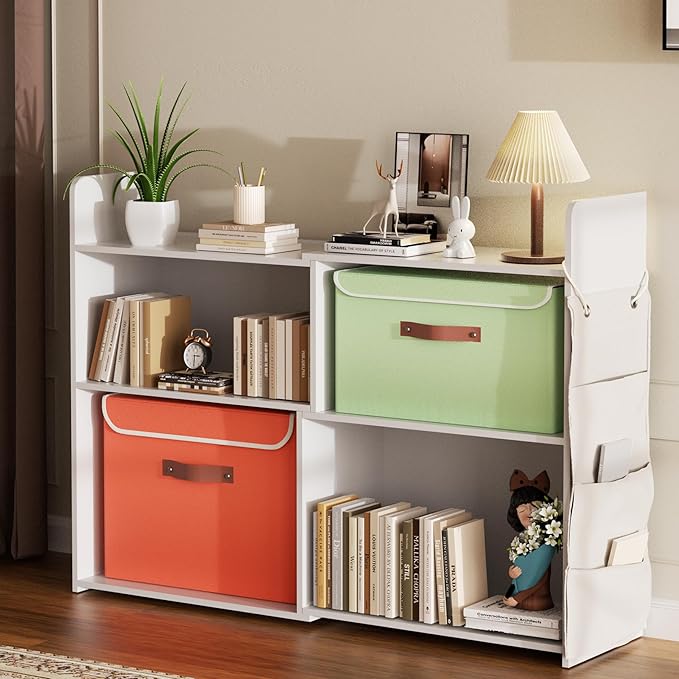 4 Cube Storage Organizer, 32inch Wooden Extendable Book Shelf DIY Bookcase with 2 pcs Storage Cabinet and Side Pockets, Open Storage Cabinet for Living Room, Bedroom, Home, Office