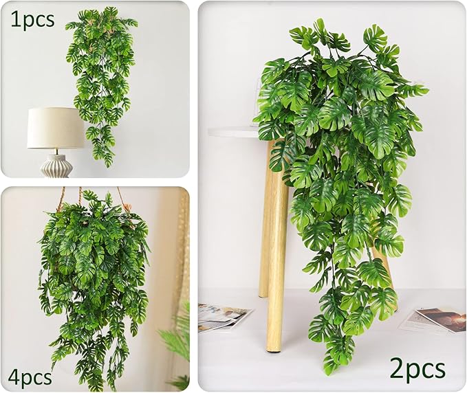 RECUTMS Artificial Hanging Plants 4Pcs, Fake Monstera Leaves Ivy Vine Faux Greenery UV Resistant Tropical Palm Leaf Swag Plant for Garden Home Jungle Hawaiian Luau Party Outdoor Indoor Spring Décor