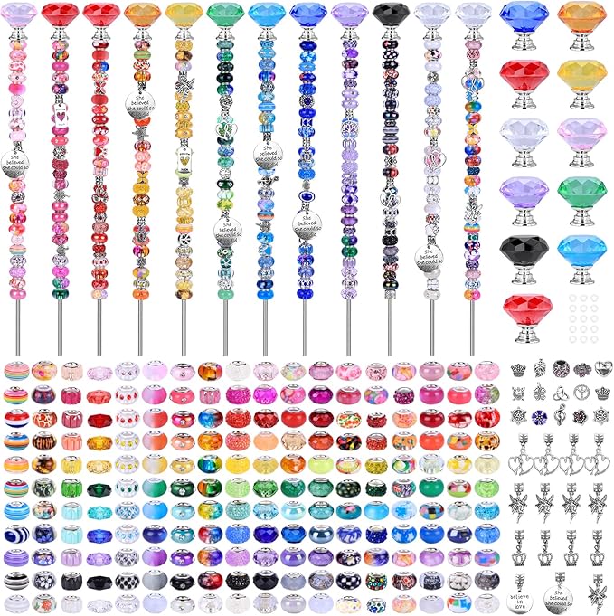 AIPRIDY 275 Pcs DIY Fairy Wand Garden Stakes Kit,Multiple Color Scheme European Beads Crystal Diamond Tops and 12 or 10 Inch Threaded Rods,Stainless Steel Stakes with Diamond Toppe(Rainbow)