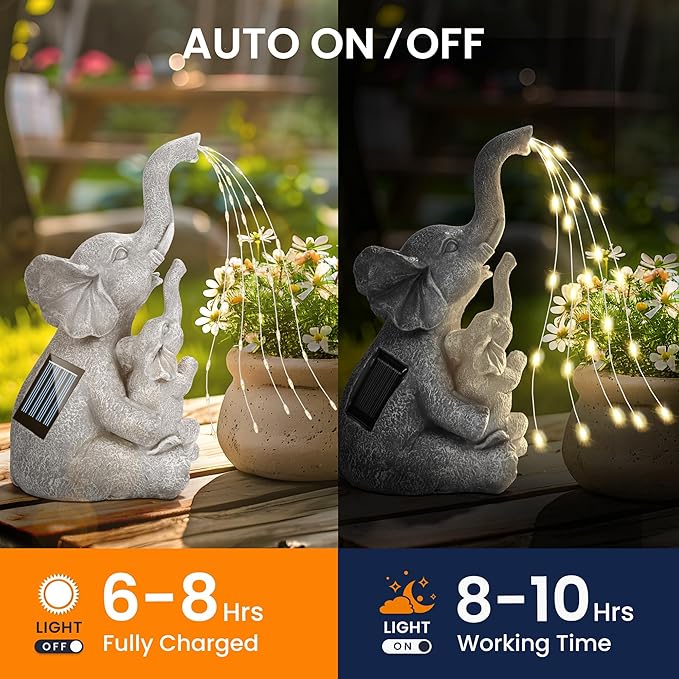 GIGALUMI Solar Garden Outdoor Statues for Women, Mom, Grandma. Elephant Figurine Housewarming and Birthday Gifts Outdoor Statue Light Decor Ornament for Backyard, Patio, Balcony, Lawn, Pond