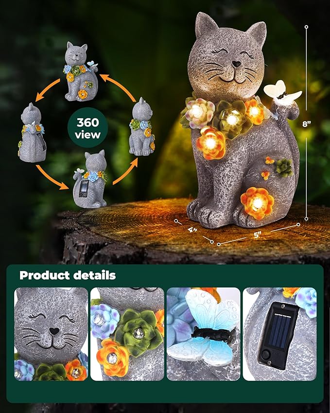 Solar Garden Statues Outdoor Decor, 6 LED Cat Flowers Butterfly Figurine Lights, Waterproof for Balcony Patio Porch Lawn Yard Ornament Art - Gift Ideas for Housewarming Gardening Grandma Women