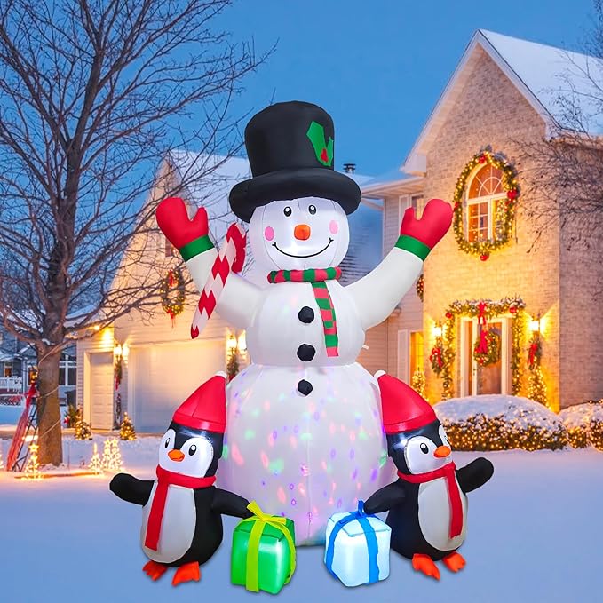 Christmas Inflatables 6FT Snowman Outdoor Yard Decorations, Christmas Blow up Snowman with Penguins and Giftboxes, Built-in Colorful Rotating LED Lights for Holiday Xmas Party Lawn Yard Garden