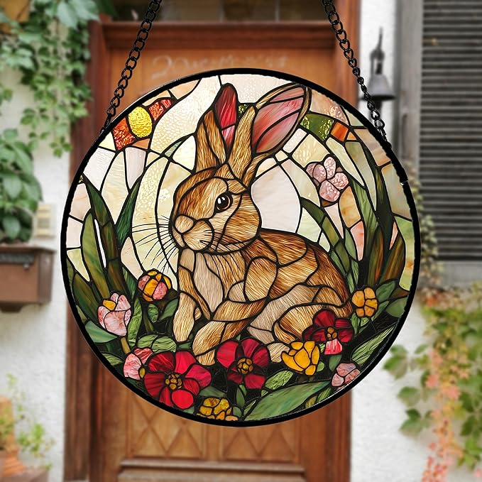 Stained Glass Window Hanging, Cute Bunny Flowers Sun Catcher for Window Door Home Decor, Rabbit Suncatcher Christmas Mother's Day Birthday Gifts for Women Men Mom and Nana 15 in
