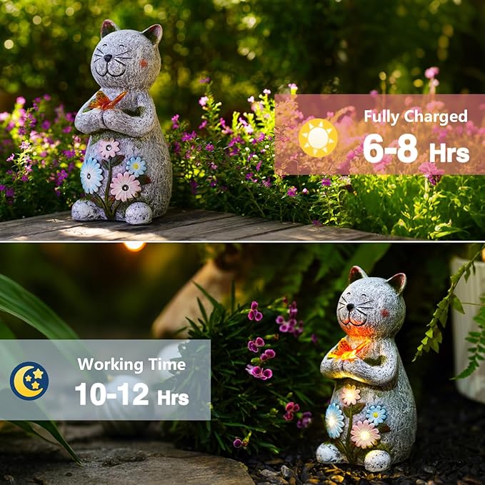 Solar Garden Statue Cat Figurine – Outdoor Decoration with Butterfly for Garden Yard Lawn Home Decor Outside : Unique Gifts for Mom Grandma
