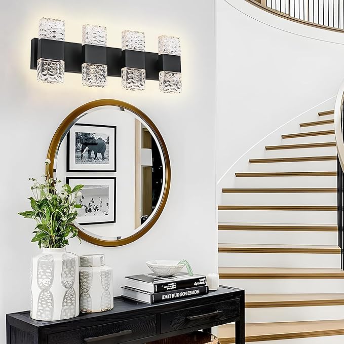 MELUCEE LED Bathroom Vanity Light 32W Crystal Vanity Light Bar 23.6 in Modern Black Bathroom Light Fixtures Crystal Wall Sconce for Bath Powder Room Entryway, 3000K Warm Lighting