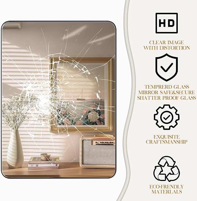 28×36 Black Bathroom Mirror, Rectangular Bathroom Vanity Mirror for Wall with Rounded Corners & Aluminum Alloy Frame, Tempered-Glass, Modern, Farmhouse, Horizontal/Vertical, Entryway, Bedroom