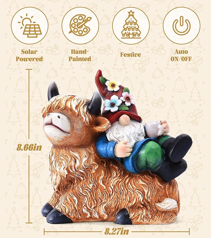 Christmas Garden Gnomes Statues Sitting On Highland Cow, Hold Solar Cup, Outdoor Decorations for Patio,Yard, Highland Cow Christmas Decorations