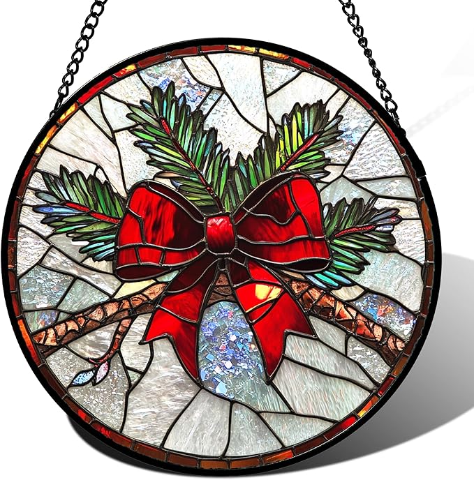 Stained Glass Window Hanging - Pine Branches Red Bow Suncatcher for Doors Home Christmas Decoration Silver Sun Catcher Thanksgiving New Year Birthday Gifts for Women Men Mom Nana 7.8 in