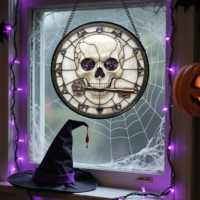 Stained Glass Window Hanging - Halloween Scary Skull Suncatcher for Doors Garden Home Spooky Purple Skeleton Key Sun Catchers Gothic Decor Horror Gifts for Women Men Friend Boy Girl 6.3 in