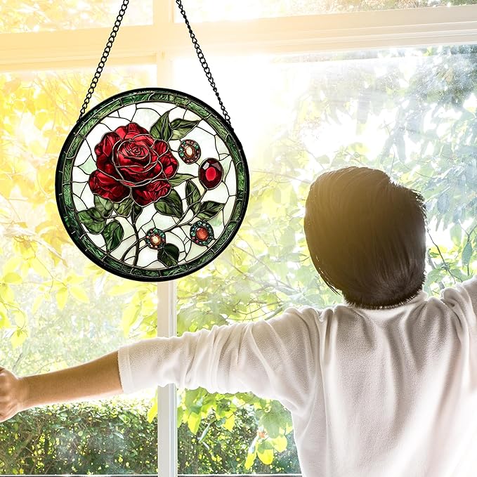 Stained Glass Window Hanging, Red Rose Gemstone Green Sun Catchers Diamond Glass Panel Hangings Suncatcher Decor for Birthday for Women, Men, Wife, Aunt, and Mom 6.3 in