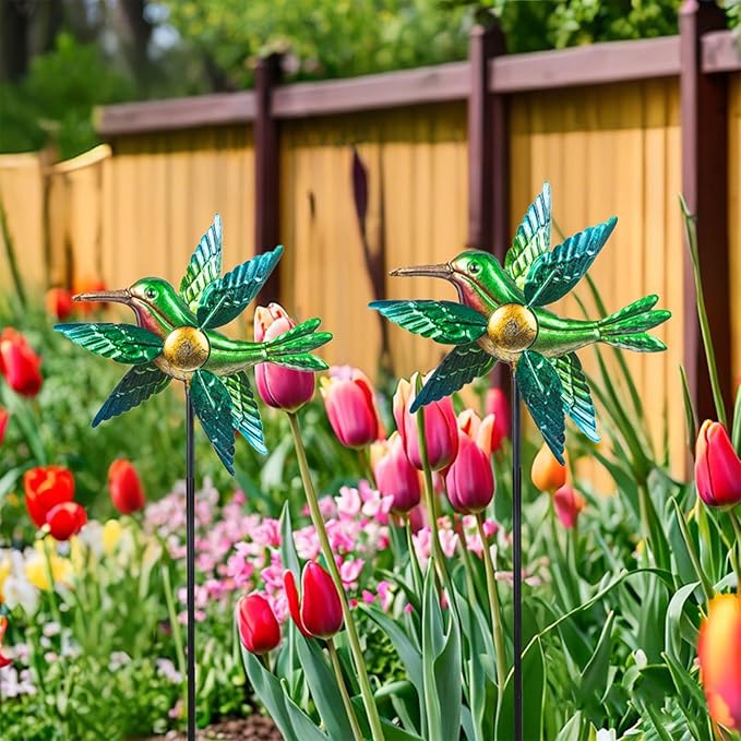 WONDER GARDEN Wind Spinners Outdoor - 2 Pack Small Metal Hummingbird Green Wind Spinner Windmill, Wind Sculpture for Yard Patio Lawn Decor
