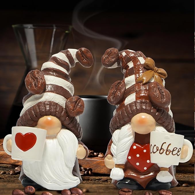 Hodao Resin Coffee Gnomes with Mug Nordic Style Home Bar Decor, Collectible Figurines 4.1inchSwedish Handmade Statue Small Figurine Ornament Gift for Coffee Lovers-a Set of 2