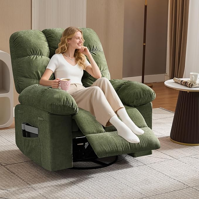 Rocking Recliner Chair with Vibration Massage & Heat, 360° Swivel Oversized Rocker Recliner with Side Pocket for Living Room, Bedroom & Nursery