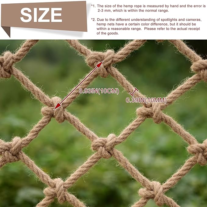 Safety Hemp Rope Net Kids Climbing Tree House Children Netting Balcony Stairs Fence Railing Garden Playground Protection Heavy Duty Indoor & Outdoor Decor Rope Net 6mm/8cm 3.3x9.8ft(1x3m)