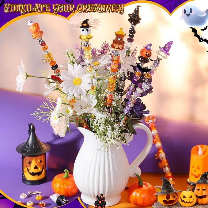 Beaded Garden Stake, DIY Halloween Decorative Garden Stake Kit, Beaded Fairy Wand with 12 in or 10 in Threaded Rod, Crystal Stopper, Large Holes Bead, Pendant,s Outdoor Thanksgiving Decorations kit