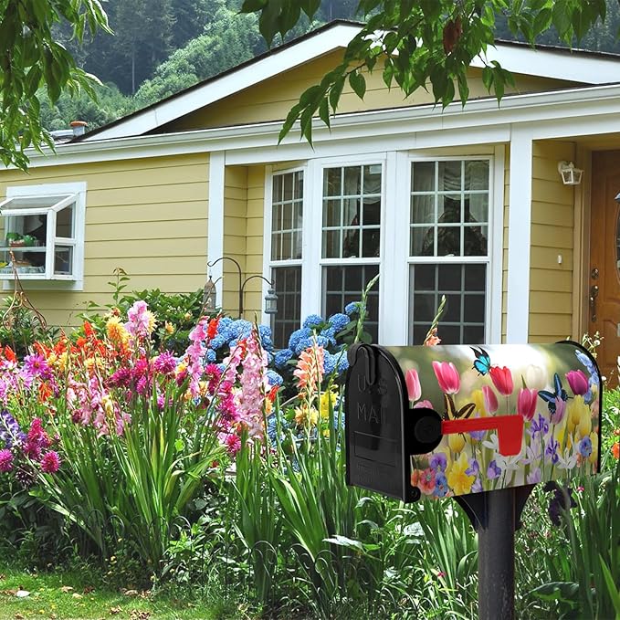 Spring Mailbox Covers Magnetic Tulip Flowers Mailbox Wraps Standard Size 18" X 21" Hello Summer Butterfly Floral Resistant Post Letter Box Cover for Garden Yard Home Outdoor Decoration