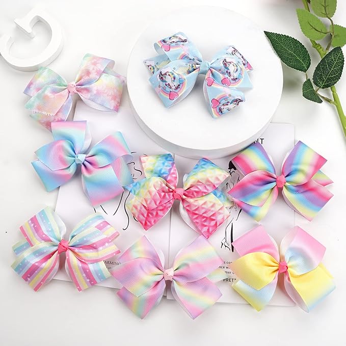 24PCS 4.5Inch Bows for Girls Boutique Grosgrain Ribbon Rainbow Hair Bow Alligator Hair Clips Pigtail Bows Unicorn Hair Clips for Baby Girls Toddler Kids Children Teens in Pairs…