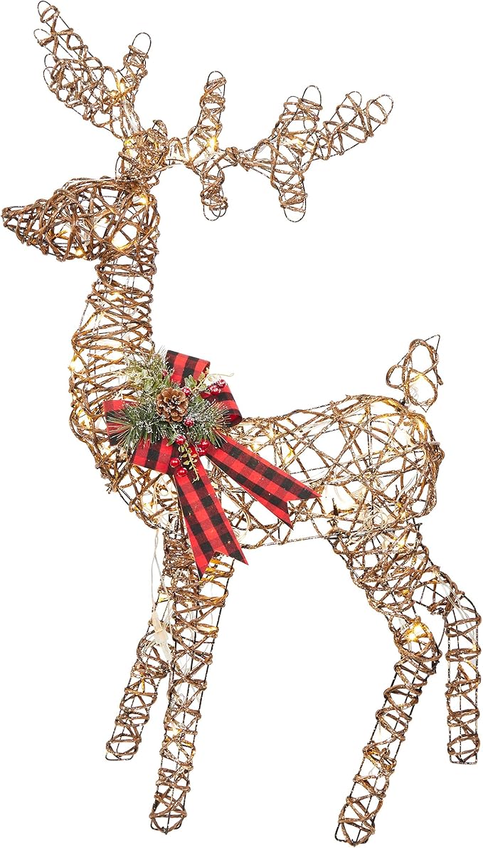 Alpine Corporation 49" Rattan Standing Reindeer Statues with Ribbon and LED Lights, Christmas Decor