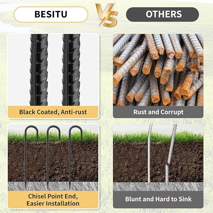 16 Inches 24-Pack J Hook Rebar Stakes Heavy Duty Tent Stakes with Chisel Point End, Steel Ground Anchors Metal Garden Stakes Chain Link Fence Stakes Black Coated
