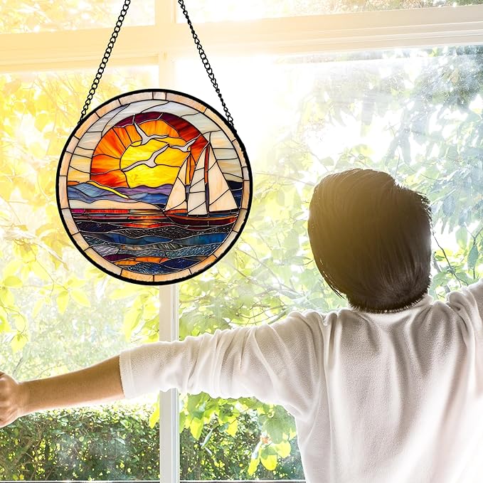 Stained Glass Window Hanging, Sun Ocean Sailboat Seagull Abstract Suncatcher Diamond Glass Panel Sun Catchers Decor for Birthday for Women, Men, Wife, Aunt, and Mom 6.3 in