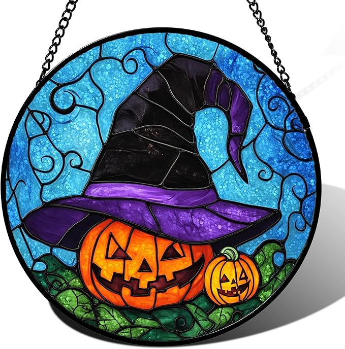 Stained Glass Window Hanging Halloween Horror Pumpkin 6.3" - Suncatcher Door Garden Sunroom Purple Black Witch Hat Sun Catcher Birthday for Friend Mom Men Woman Nana
