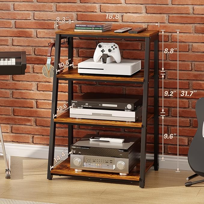 4-Tier AV Media Stand with 2 Hooks,Heavy Duty Stereo Cabinet Furniture-Large Stereo Rack and Game Console Stand,Wooden Record Player Stand,Audio Stand Perfect for DVD Players/Game Console/TV Box/Xbox