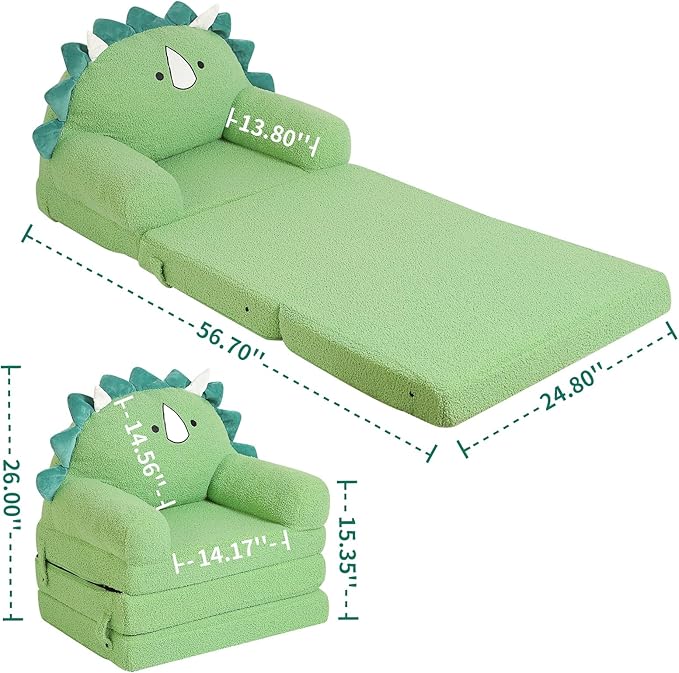Foldable Kids Sofa, Triceratops Toddler Couch with Tri Folding Foam Cushions, Comfy Kids Couch for Age 3-6