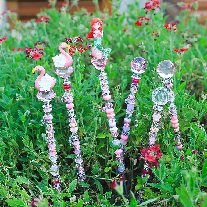 158 Pcs DIY Fairy Wand Garden Stakes Kit,Multiple Color Scheme European Beads Crystal Diamond Tops and 12 or 10 Inch Threaded Rods,Stainless Steel Stakes with Diamond Toppe(Pink)