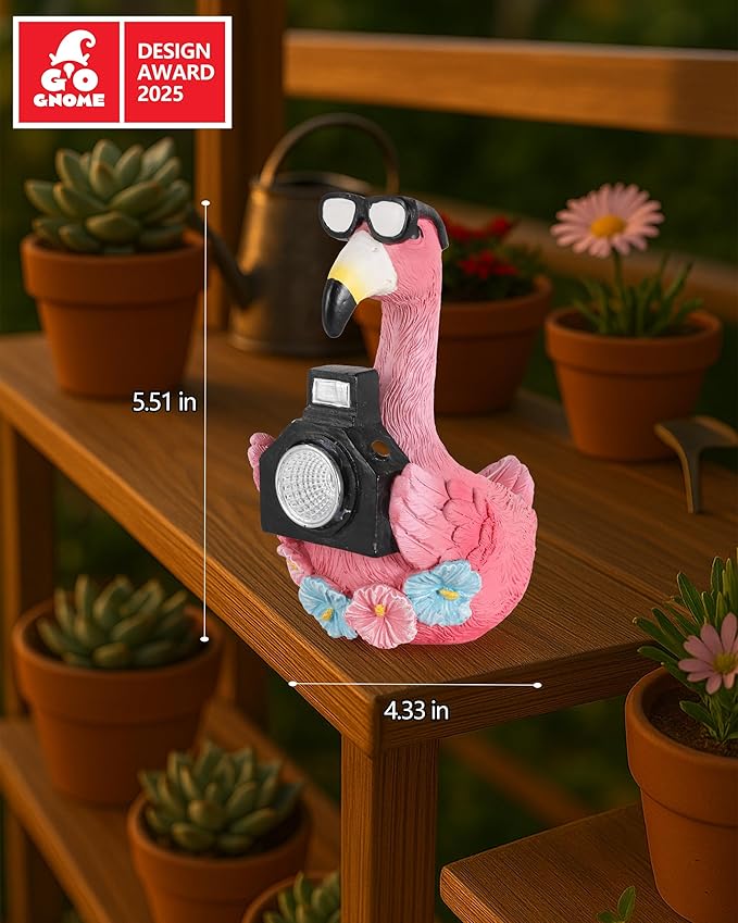 Solar Flamingo Garden Statue with Camera Light – 5.5in Tall Solar Powered Outdoor Figurine for Yard, Patio, Balcony – Funny Garden Decor, Gift for Women (Flamingo)
